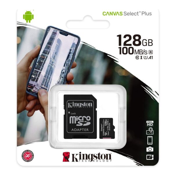 Tarjeta microSDXC Canvas Select Plus de 128 GB de Kingston con Adaptador | Hasta 100 MB/s | A1 Clase 10 UHS-I